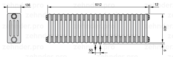 Схема (чертеж) Радиатор Zehnder Charleston 4040/22 №5410 Белый глянцевый RAL 9016